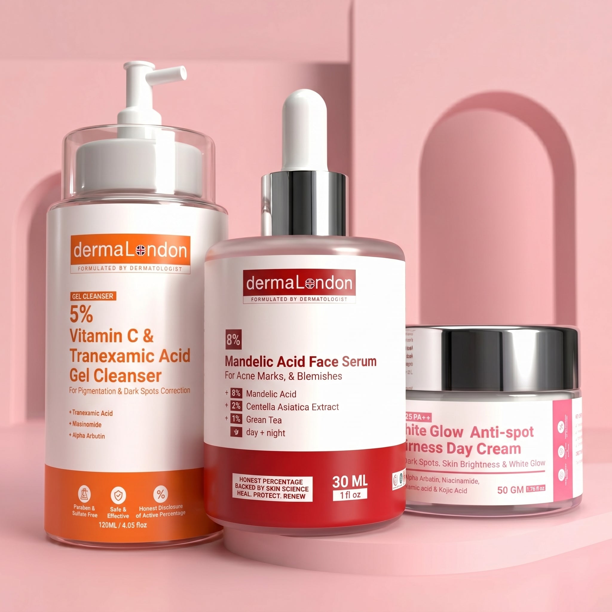 Blemishes & Dark Spot Correction Trio – Vitamin C Cleanser, Mandelic Acid Serum & Anti-Spot Glow Cream