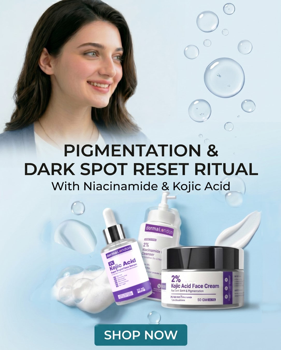 DermaLondon pigmentation skincare routine featuring Kojic Acid Serum, Niacinamide Cleanser, and Kojic Acid Cream to help reduce dark spots and promote even-toned skin.