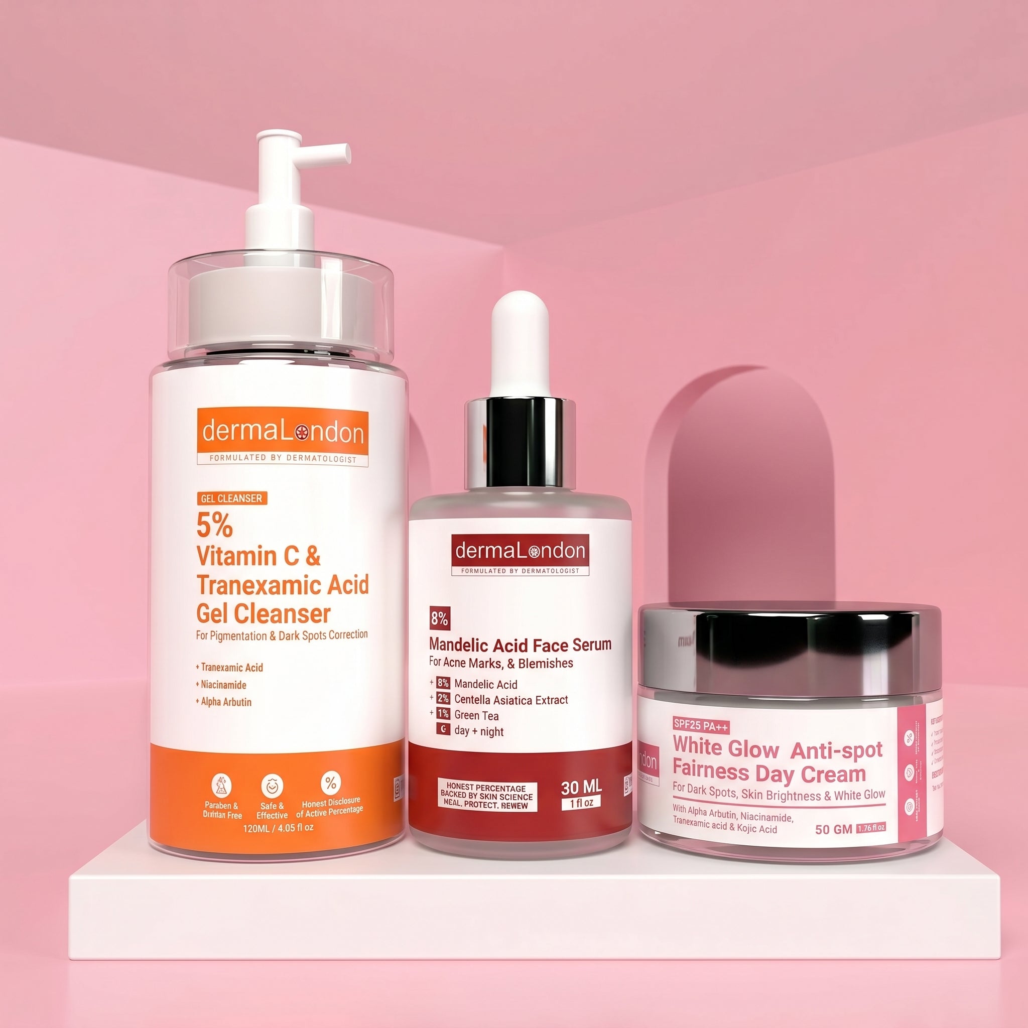 Blemishes & Dark Spot Correction Trio – Vitamin C Cleanser, Mandelic Acid Serum & Anti-Spot Glow Cream