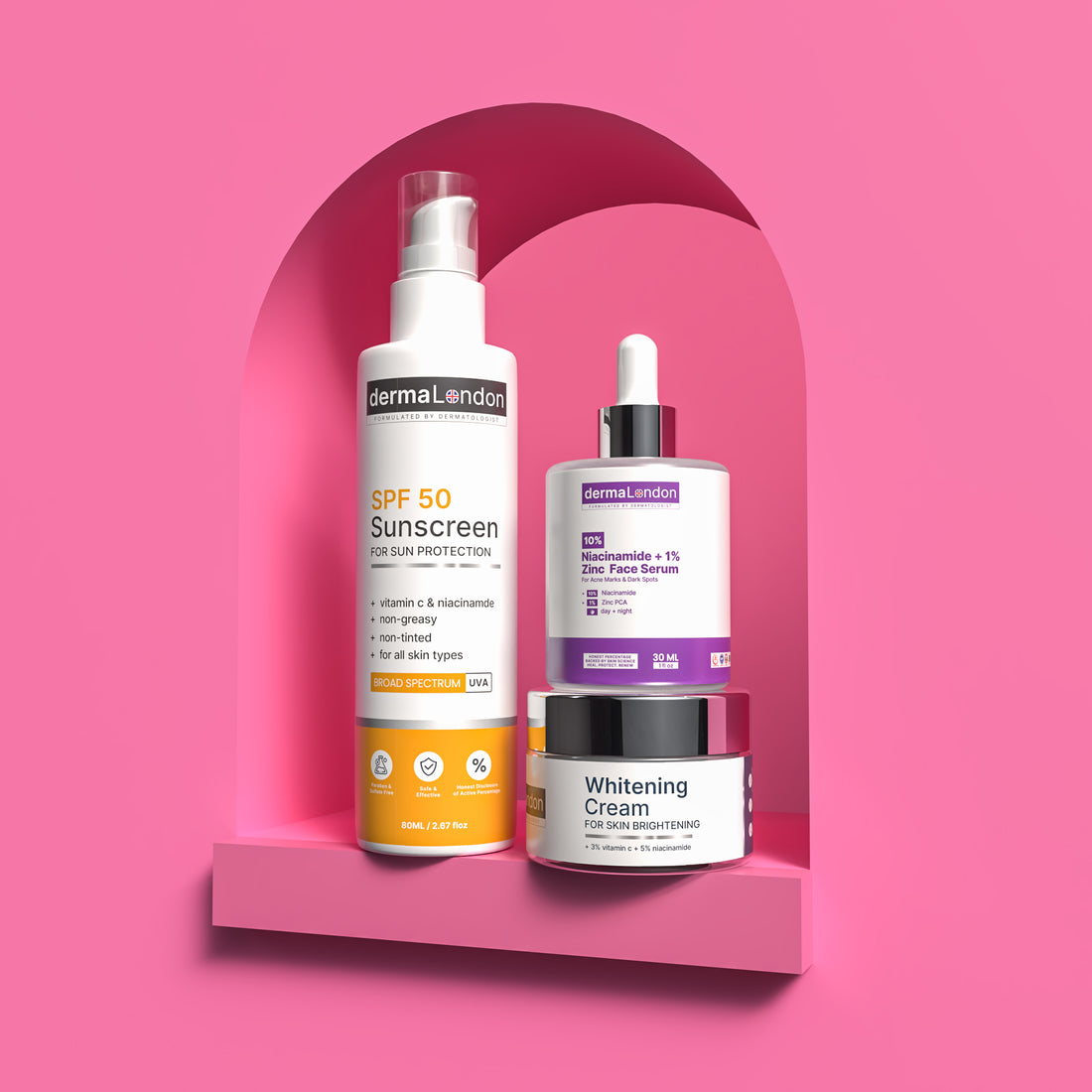 Derma London Advanced Skin Renewal &amp; Glow Kit – Niacinamide Serum, Whitening Cream &amp; SPF 50 Sunscreen