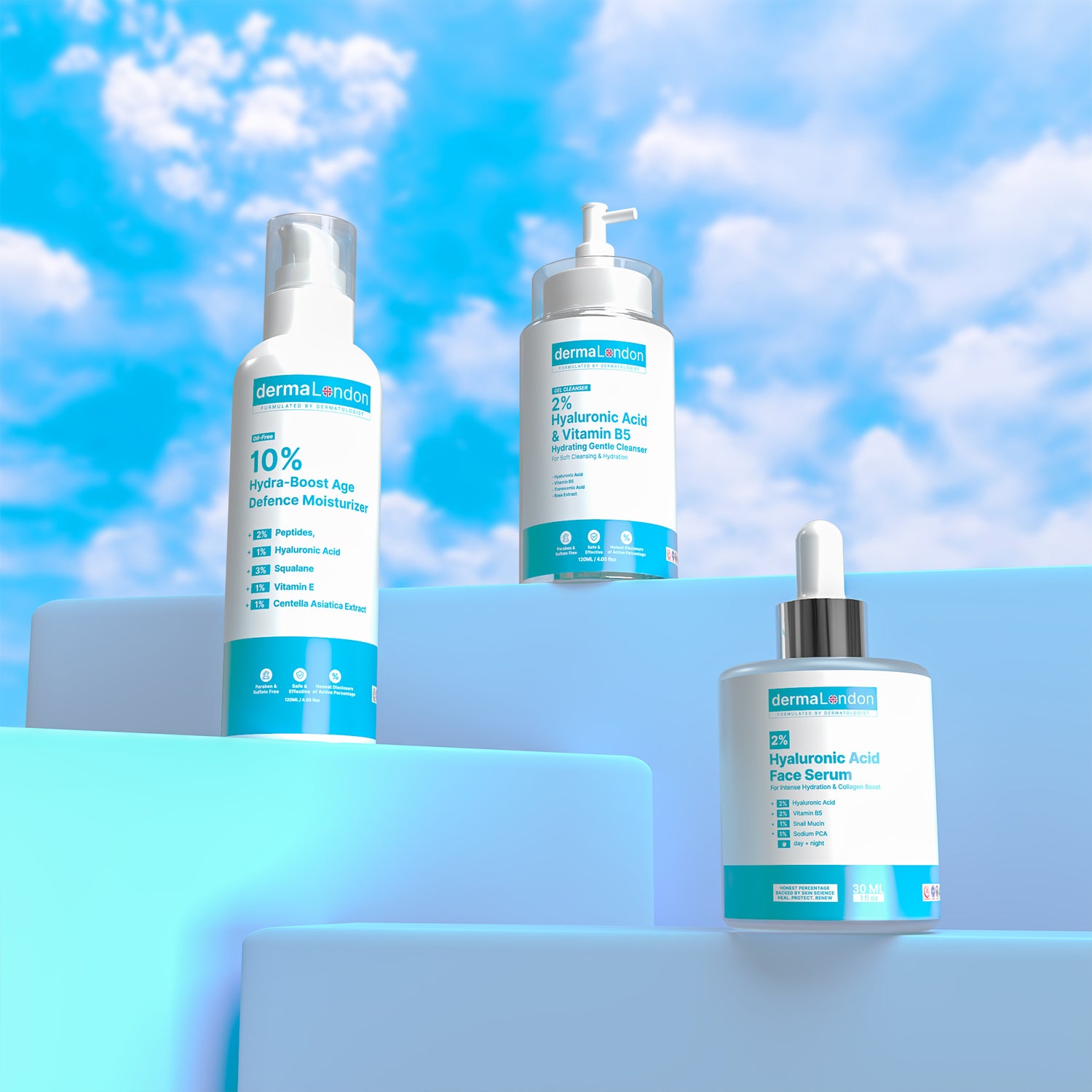 Hydra Boost &amp; Age Defense Trio – Hyaluronic Acid Cleanser, Serum &amp; Moisturizer for Deep Hydration &amp; Youthful Skin