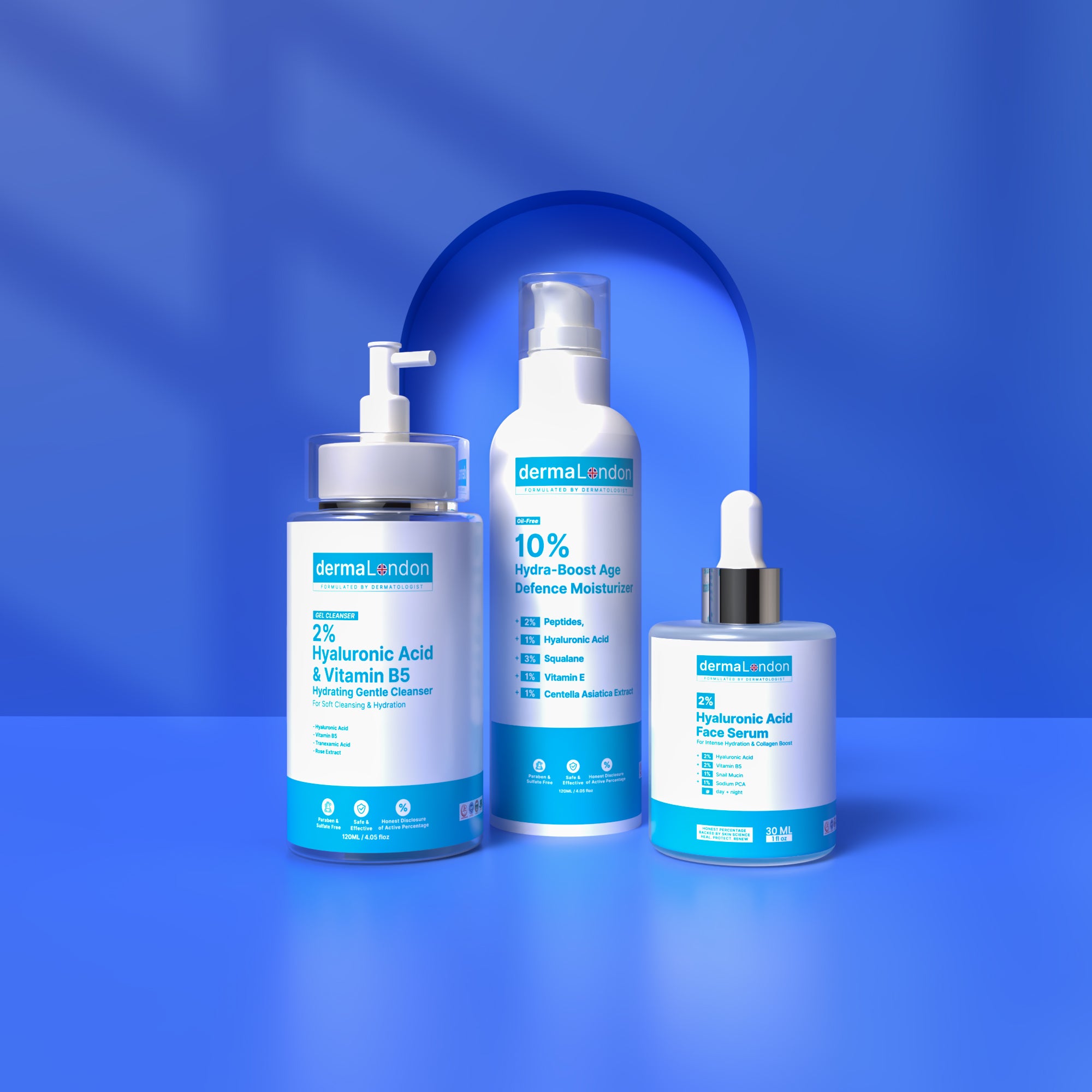 Hydra Boost &amp; Age Defense Trio – Hyaluronic Acid Cleanser, Serum &amp; Moisturizer for Deep Hydration &amp; Youthful Skin