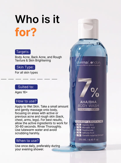 7% AHA BHA Body Wash for Body &amp; Back Acne – Glycolic, Salicylic Acid &amp; Niacinamide | 250ml