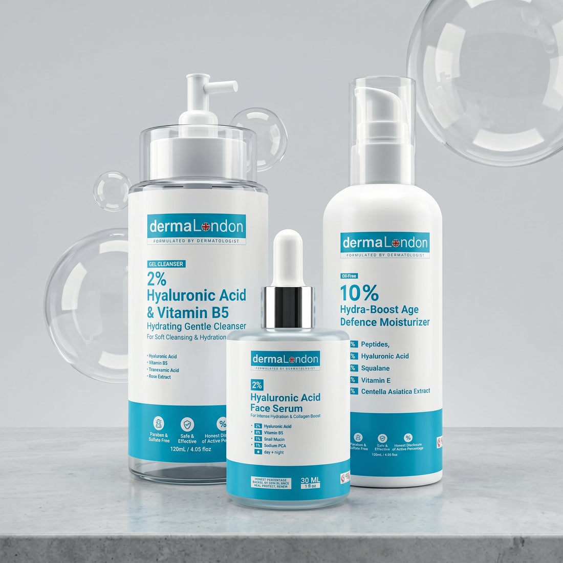 Hydra Boost &amp; Age Defense Trio – Hyaluronic Acid Cleanser, Serum &amp; Moisturizer for Deep Hydration &amp; Youthful Skin