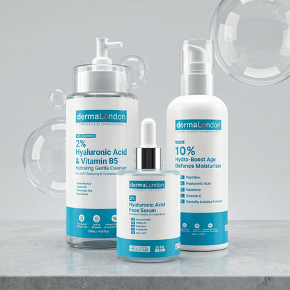 Hydra Boost &amp; Age Defense Trio – Hyaluronic Acid Cleanser, Serum &amp; Moisturizer for Deep Hydration &amp; Youthful Skin