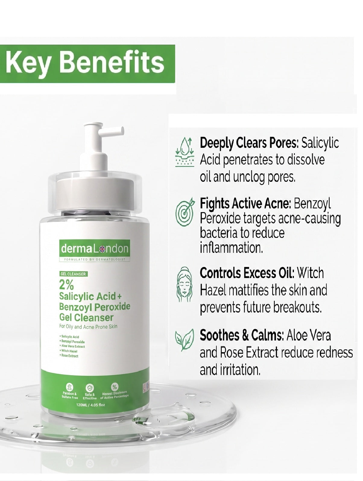 2% Salicylic Acid + Benzoyl Peroxide Gel Cleanser for Acne &amp; Oily Skin (120ml)