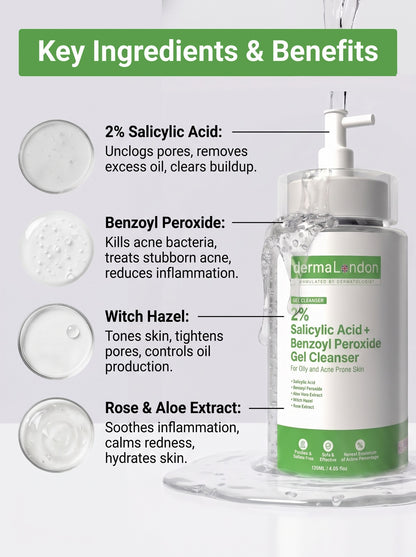 2% Salicylic Acid + Benzoyl Peroxide Gel Cleanser for Acne &amp; Oily Skin (120ml)