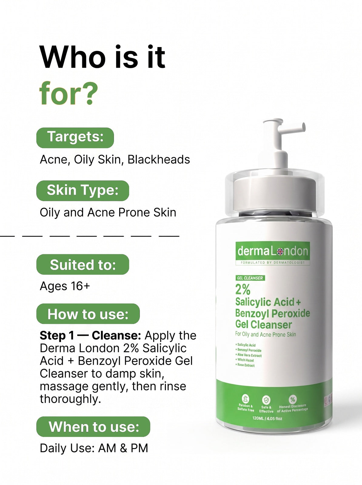 2% Salicylic Acid + Benzoyl Peroxide Gel Cleanser for Acne &amp; Oily Skin (120ml)