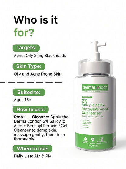 2% Salicylic Acid + Benzoyl Peroxide Gel Cleanser for Acne &amp; Oily Skin (120ml)